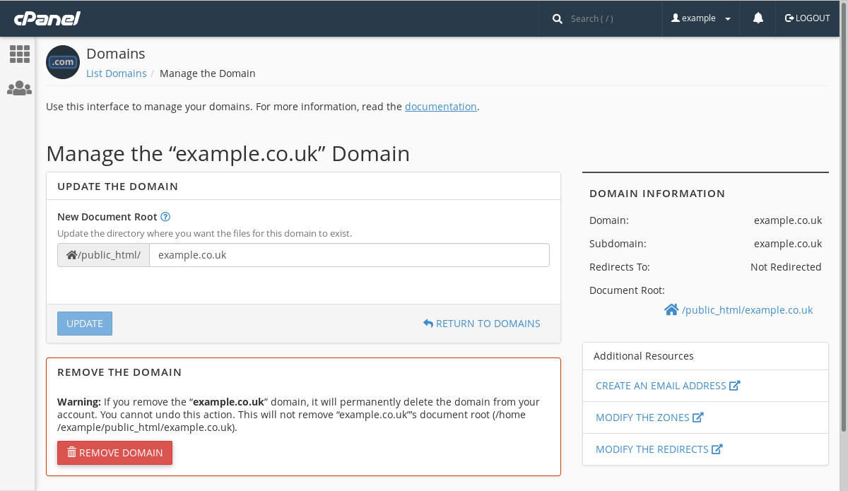 Managing the new example.co.uk domain.