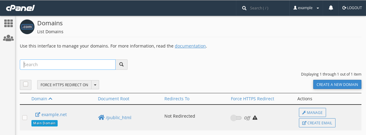 The 'Domains' interface lists all domains under a cPanel account.