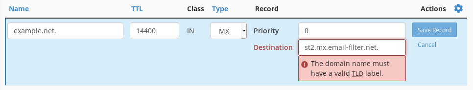 Trying to add a destination with a trailing dot results in an error message.