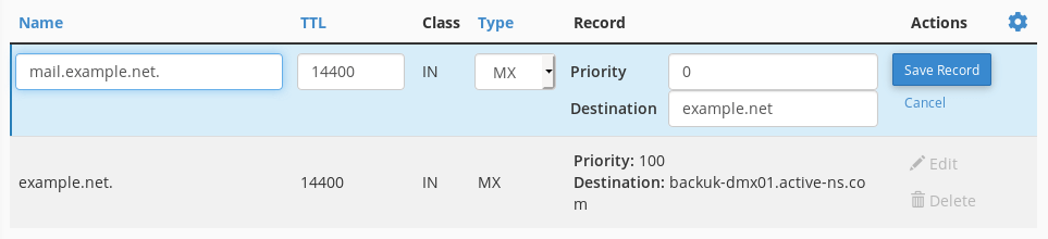 When you edit an MX record you can change the name, TTL, priority and destination.