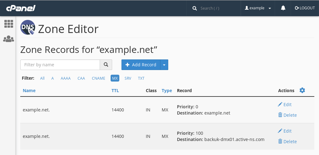 Filtering records let's you view the type of record you are interested in. In this screenshot we are filtering MX records.