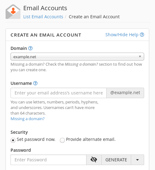 The basic email settings on the form that is used to create a new email account, including the username and password.