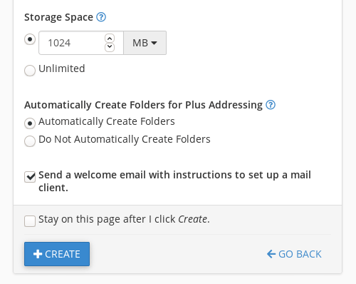 The configurations for new email accounts, including the quota for the mailbox.