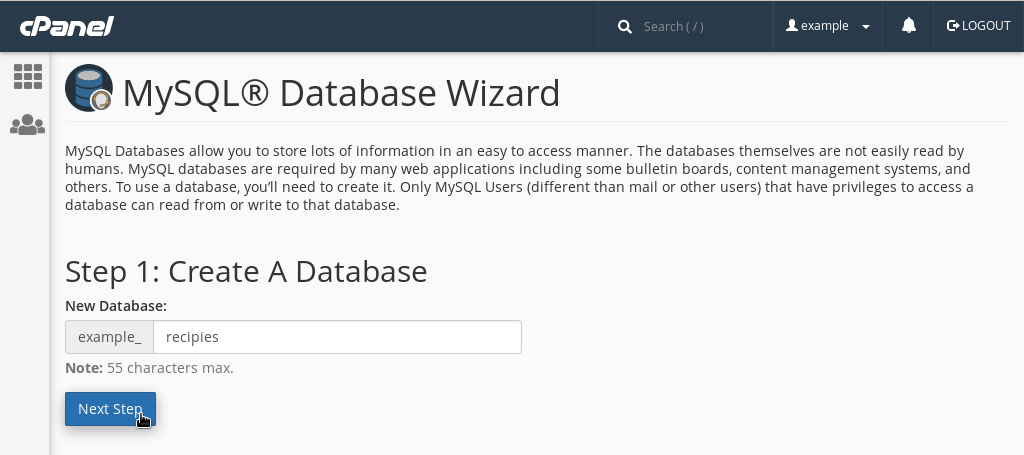 Creating a new database via cPanel's 'Database Wizard'.