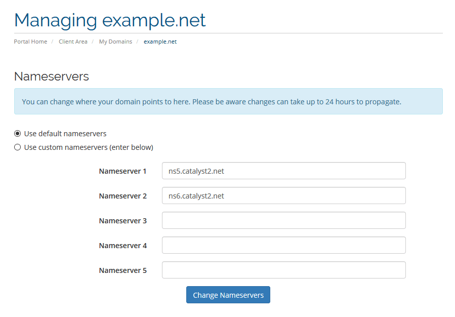 The 'Nameservers' page in the billing control panel, which can be used to change a domain's name serves.