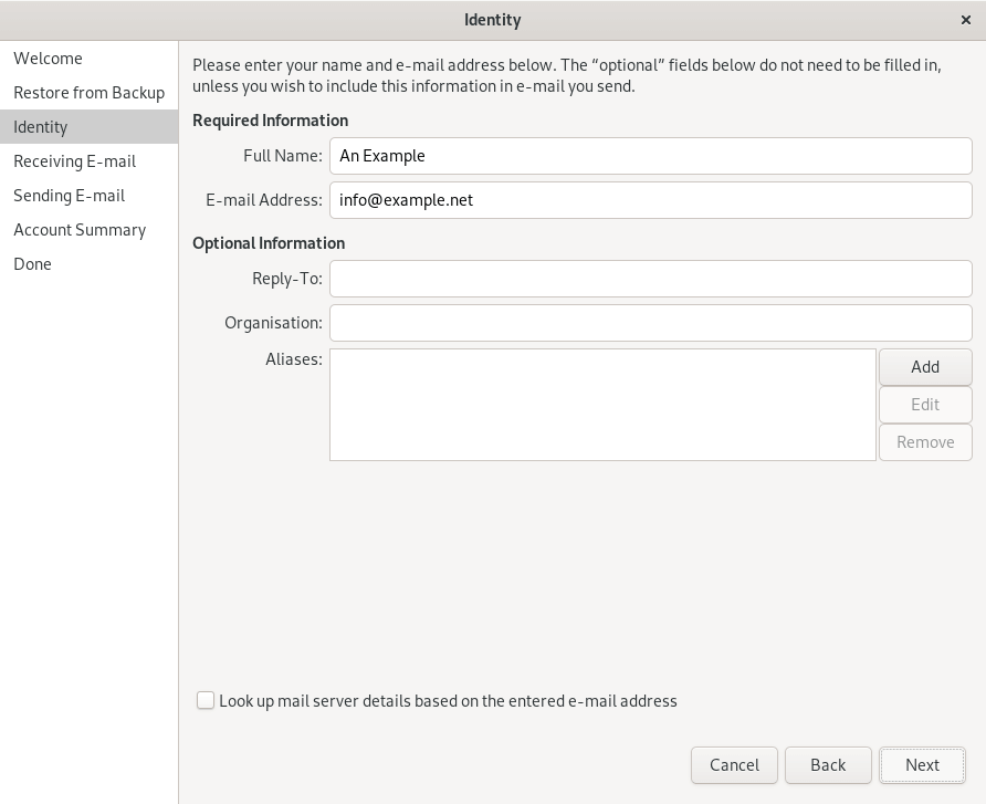 The basic settings in Evolution's set-up wizard, where you enter your name and email address.
