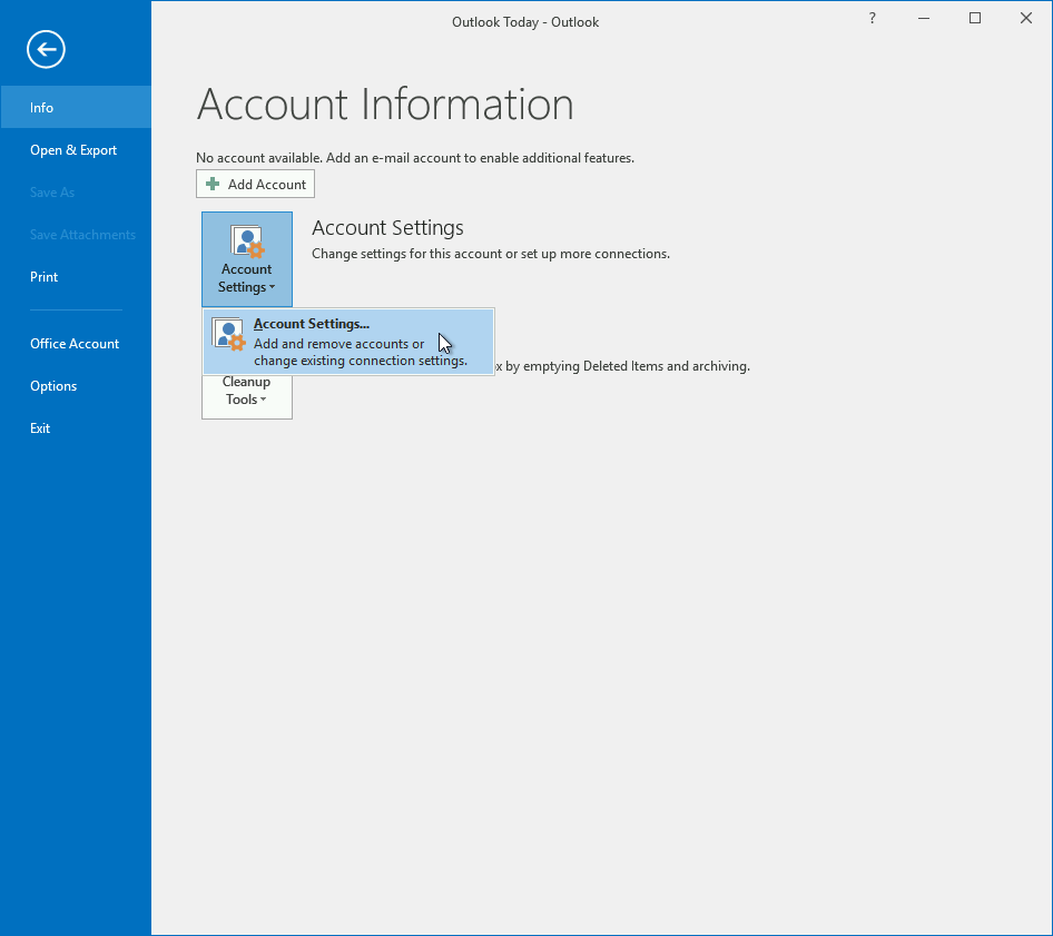 Accessing the Account Settings menu in Outlook 2016.