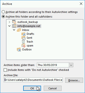 The archiving options in Outlook 2016 let you archive emails based on age criteria.