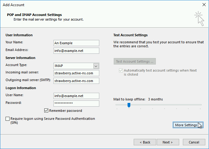 The window where you need to enter basic information about an IMAP (or POP) account, including the server names.