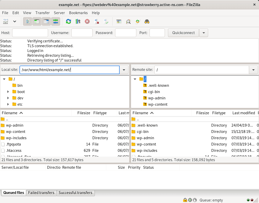 FileZilla connected to the server.