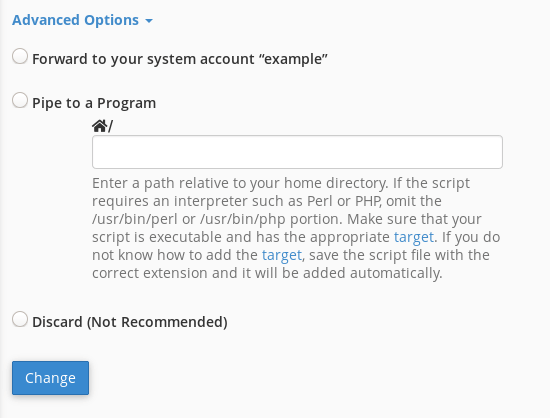 The advanced options on the Default Address page.