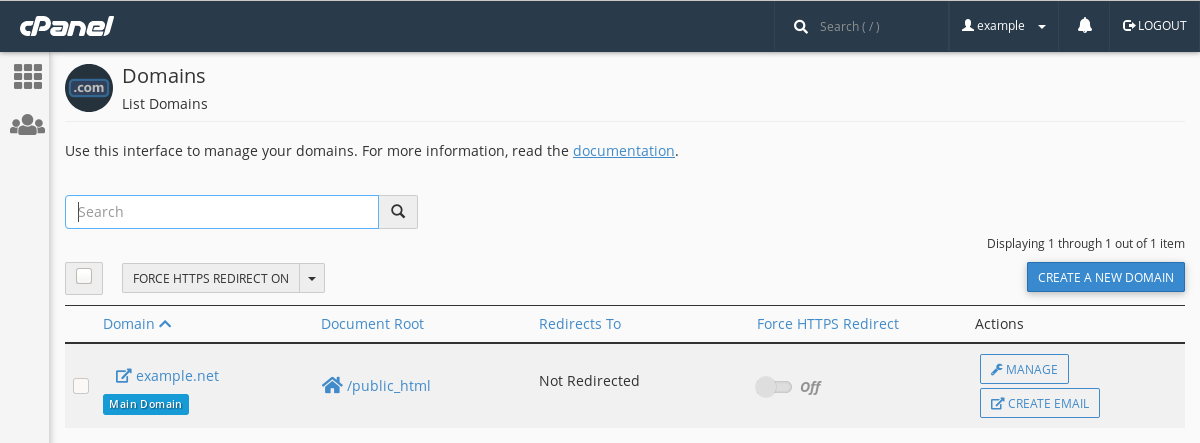 The 'Force HTTPS' option in cPanel's 'Domains' interface.