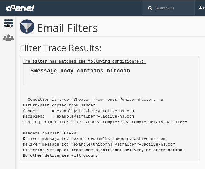 The results of the filter test. The email will be delivered to two different folders.