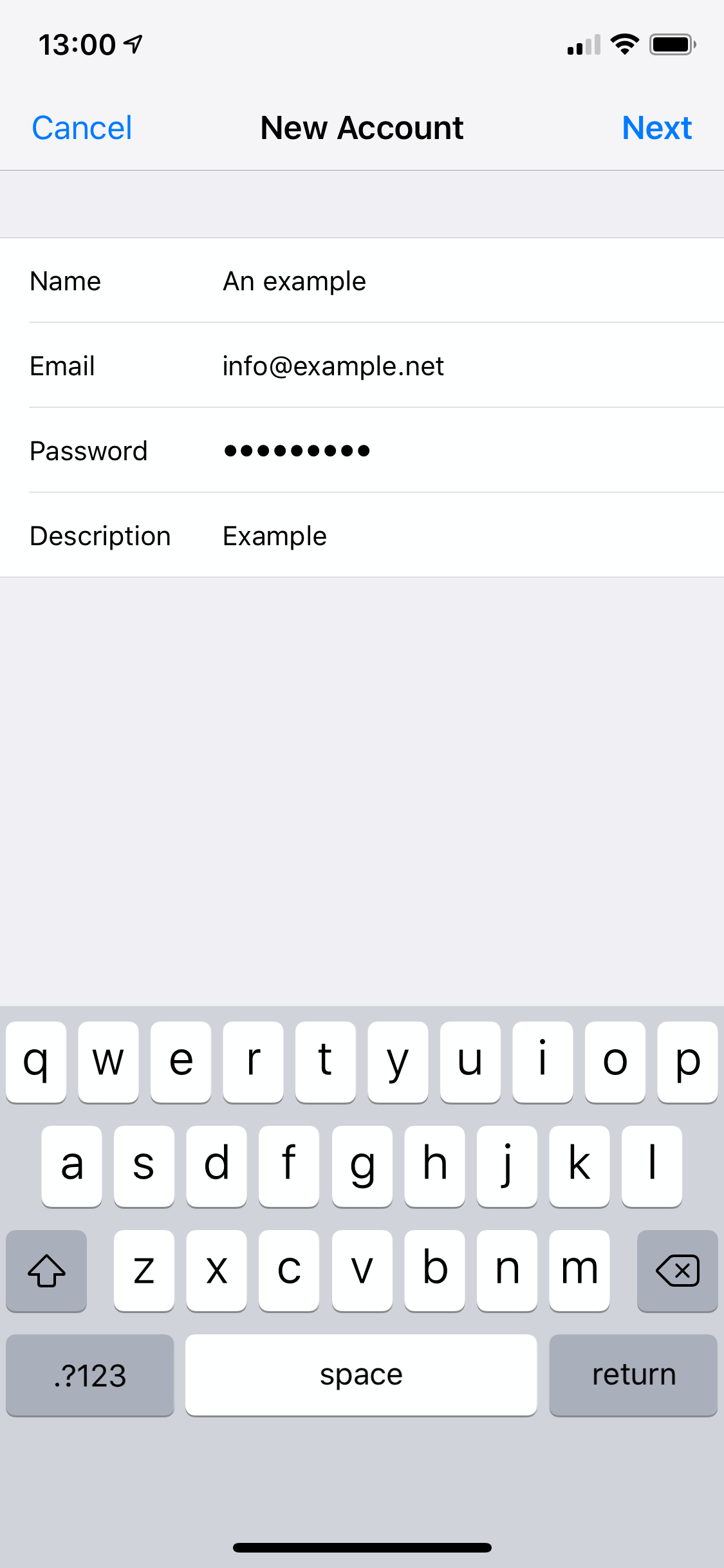 Entering the account information in the iOS mail app.