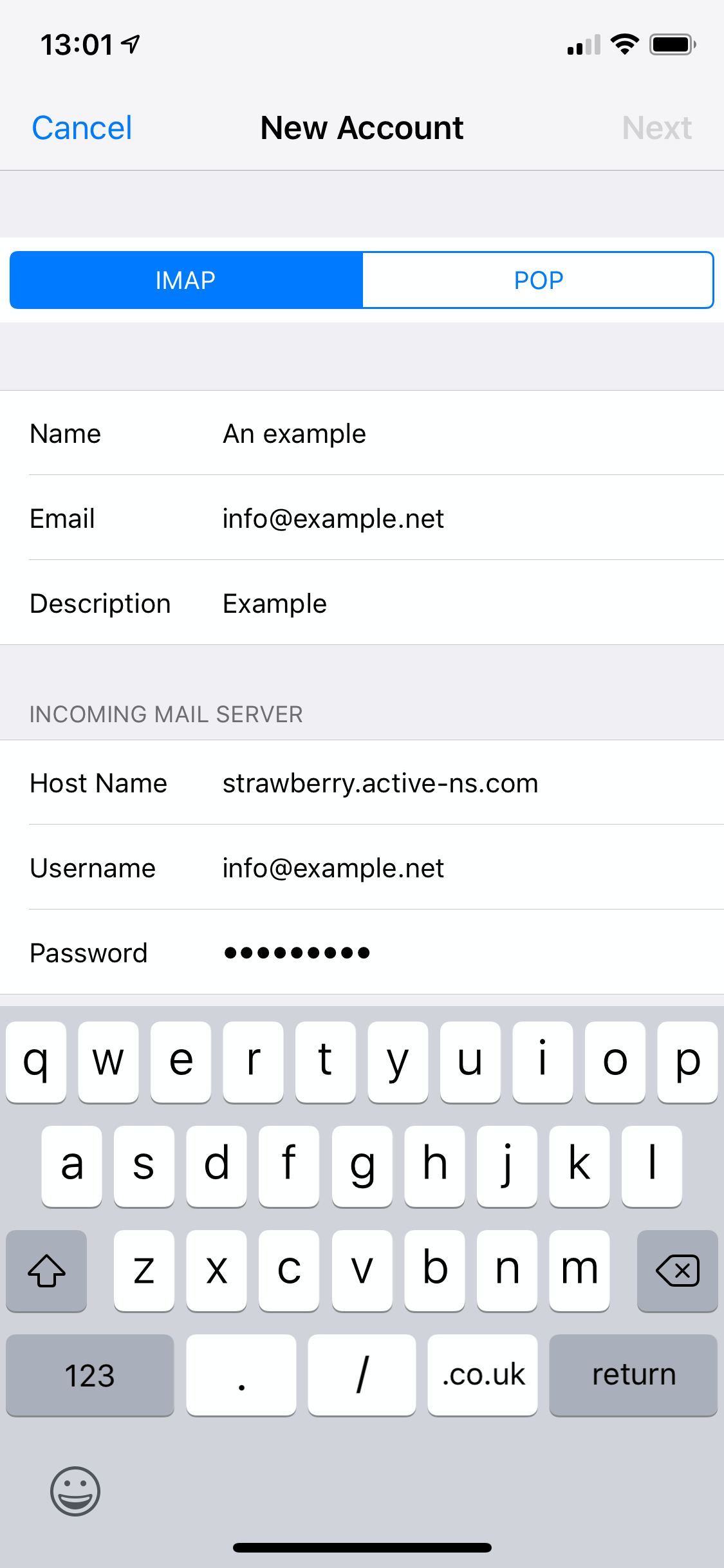 The iOS mail app verifying the email settings.
