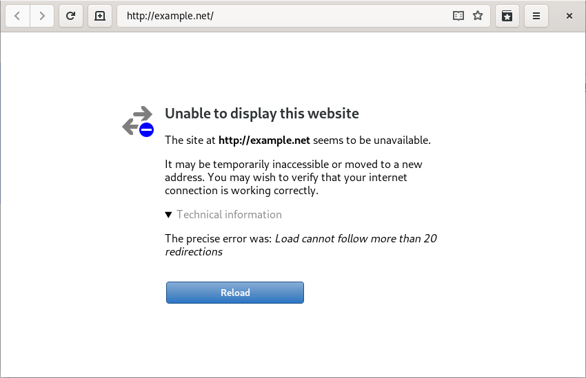 The GNOME Web browser showing a 'too many redirects' error.