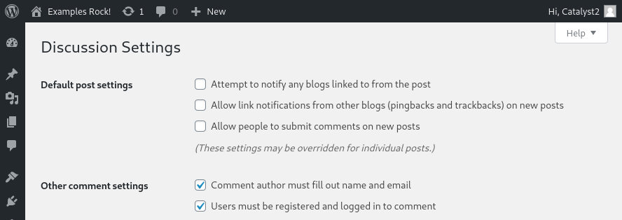 The changed comment settings in the WordPress dashboard.