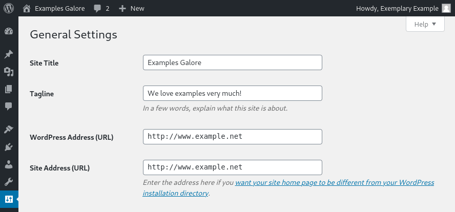 The URL settings in the WordPress dashboard.