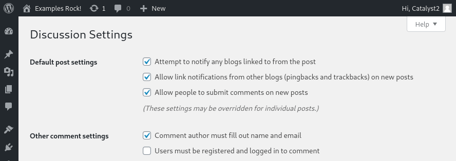 Some of the default comment settings in WordPress.