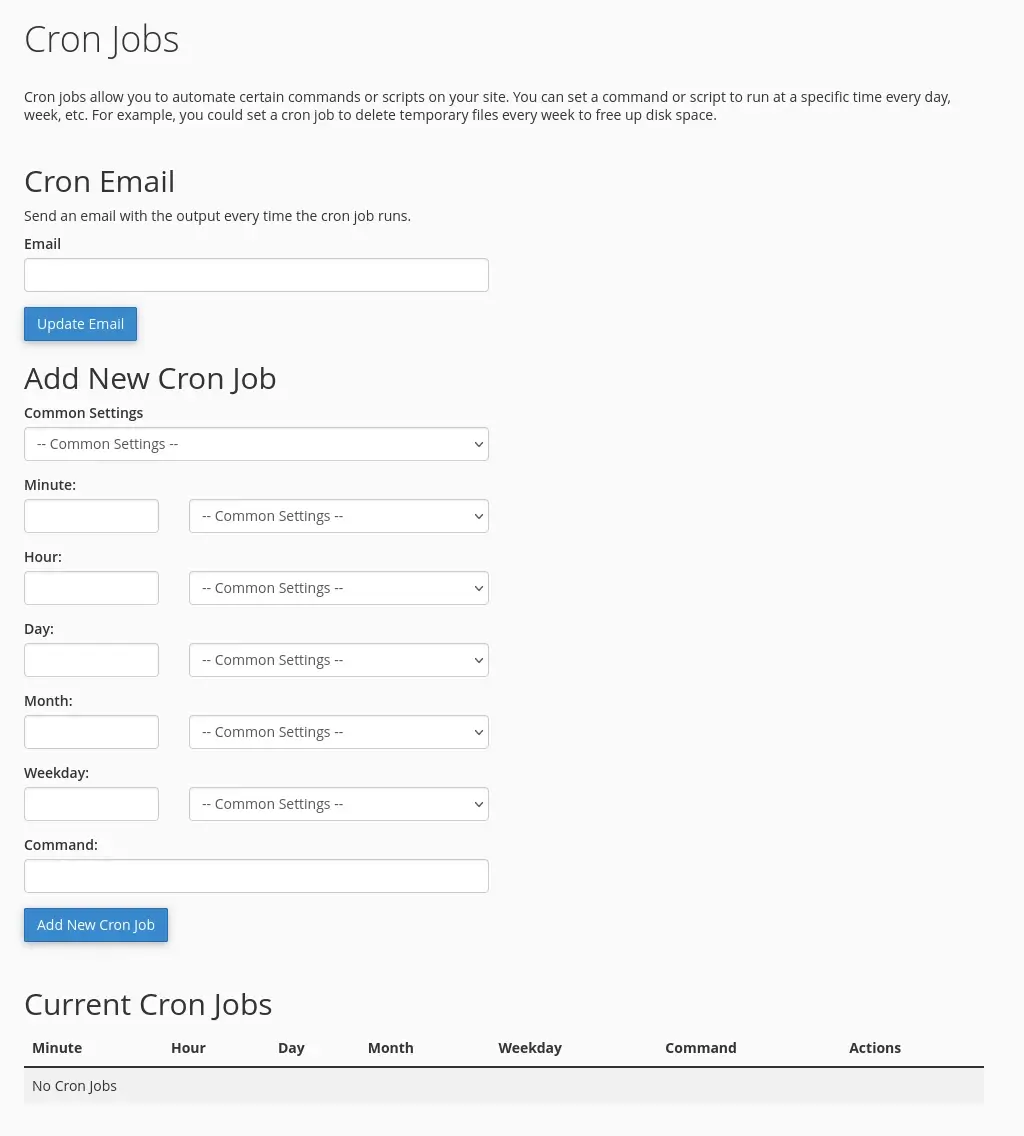 A screenshot of the Cron Jobs interface in cPanel. It features a form you can use to add a new cron job, and at the bottom of the page is a list with any existing cron jobs. Any existing cron jobs can be edited or removed.