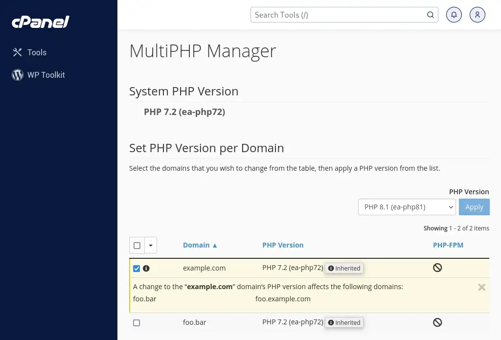 You can change the PHP version for a domain by selecting it and then selecting the new PHP version from the PHP Version drop-down menu.