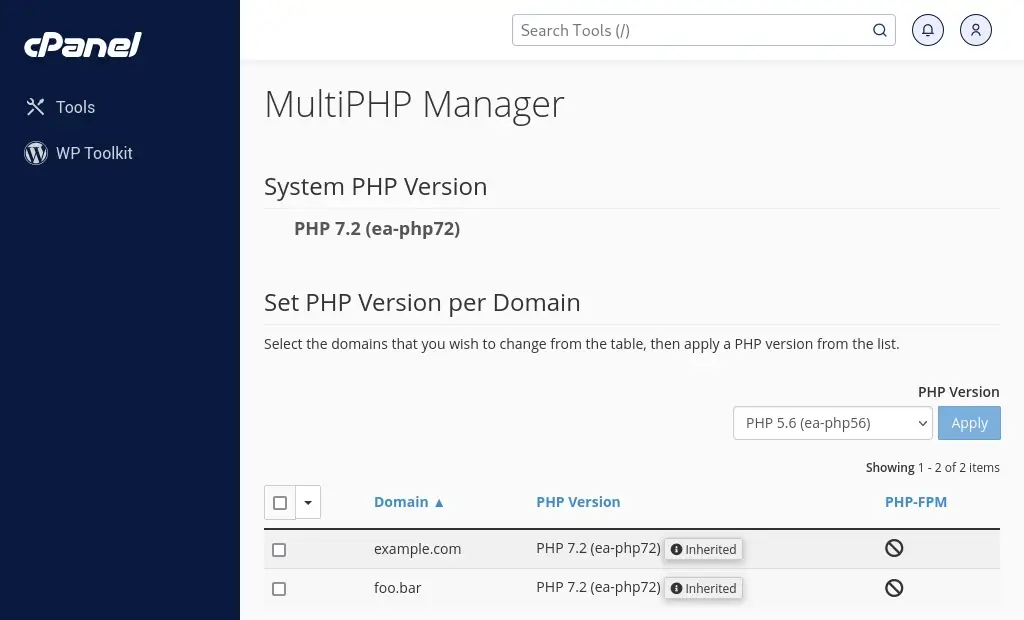 The MultiPHP interface in cPanel. In the image, the system version is set to PHP 7.2. It also shows that two domains use that PHP version.