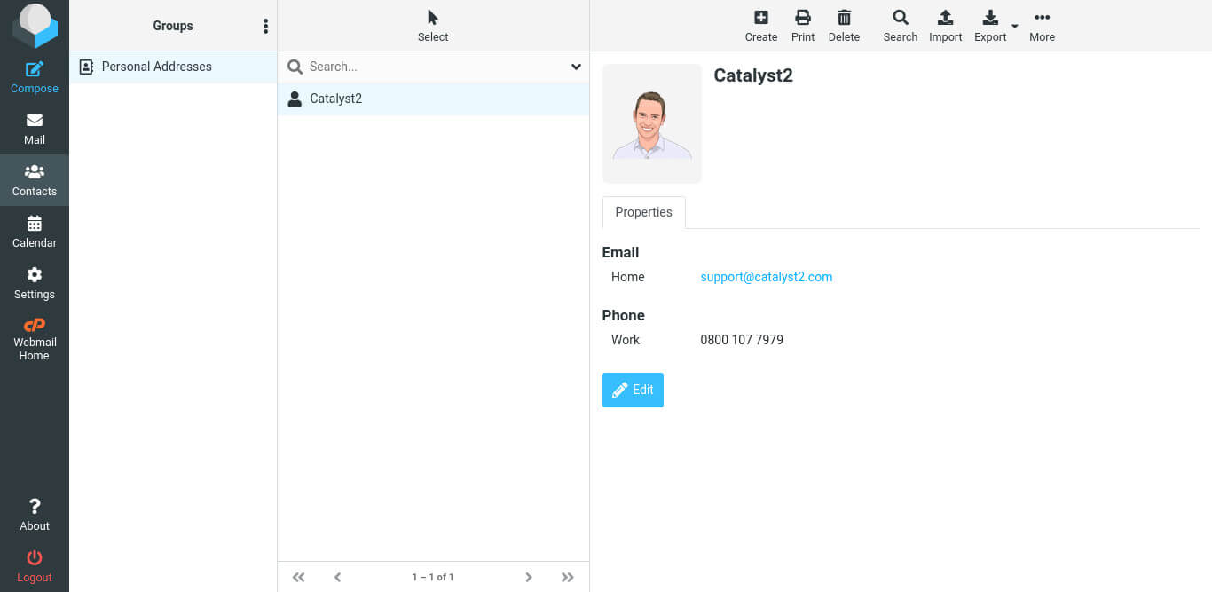 Roundcube's 'Contacts' interface is a full-featured address book.