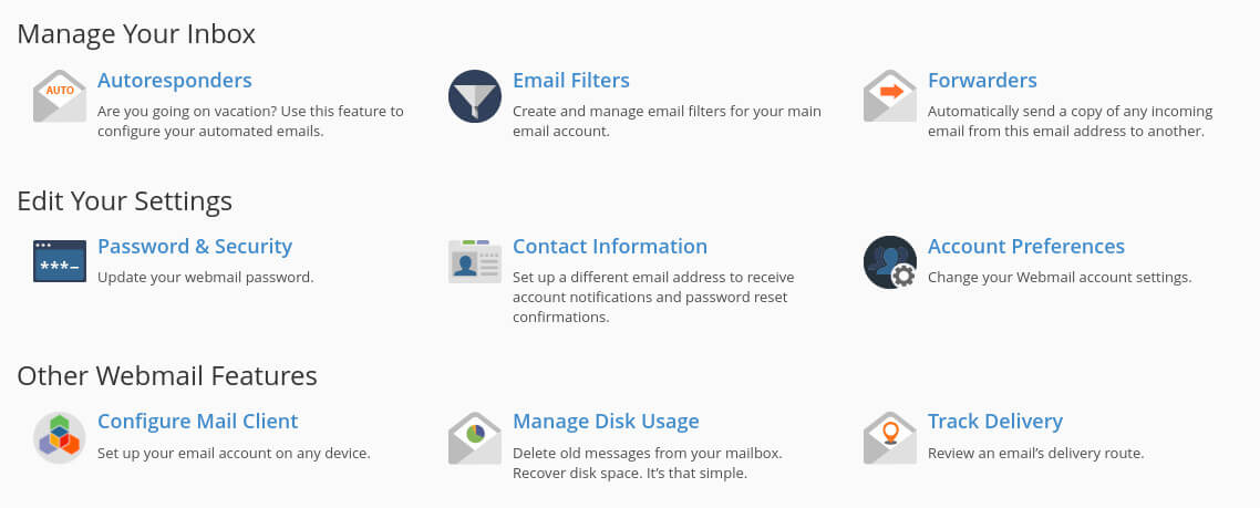 The default webmail page includes various options for managing your email.