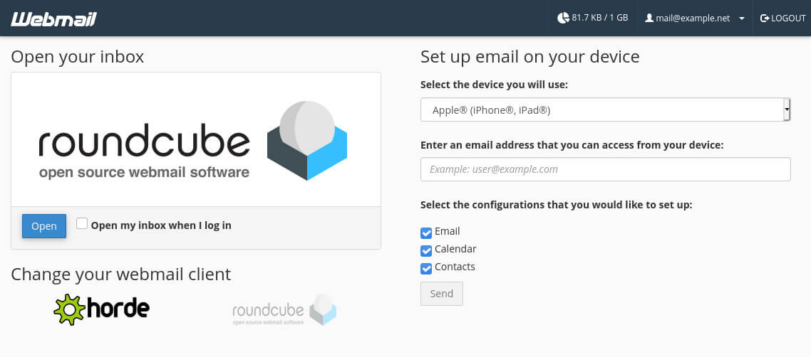 The default webmail page in cPanel. You can choose to either use Roundcube or Horde.