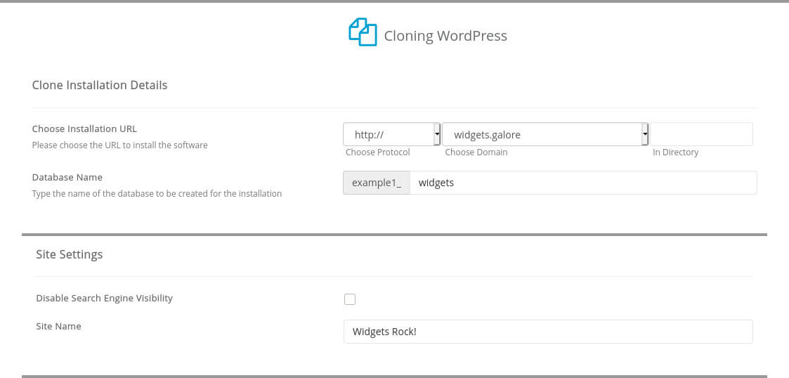 Softaculous lets you clone an existing WordPress instance, and you can configure basic details for the clone (such as the website URL).