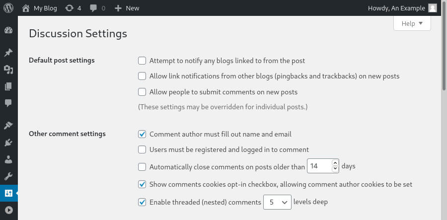 Changing comment settings via the WordPress dashboard.