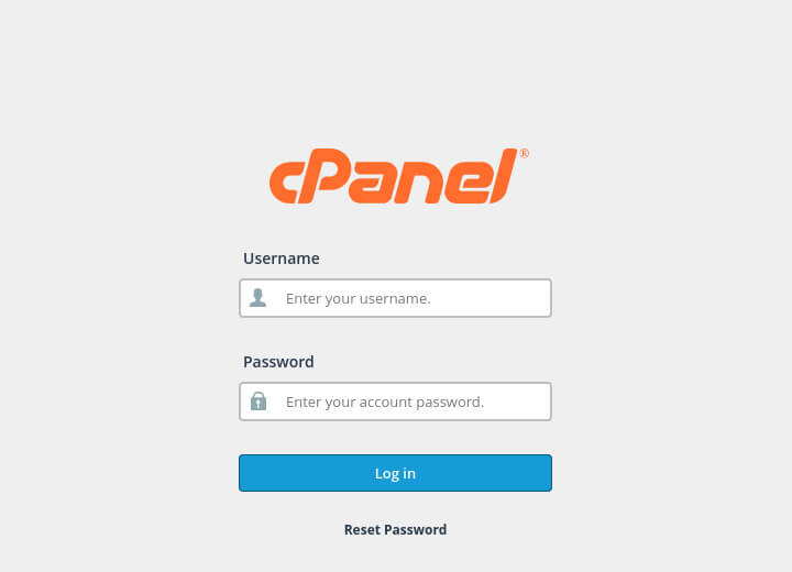 The cPanel login page has a Reset Password link.