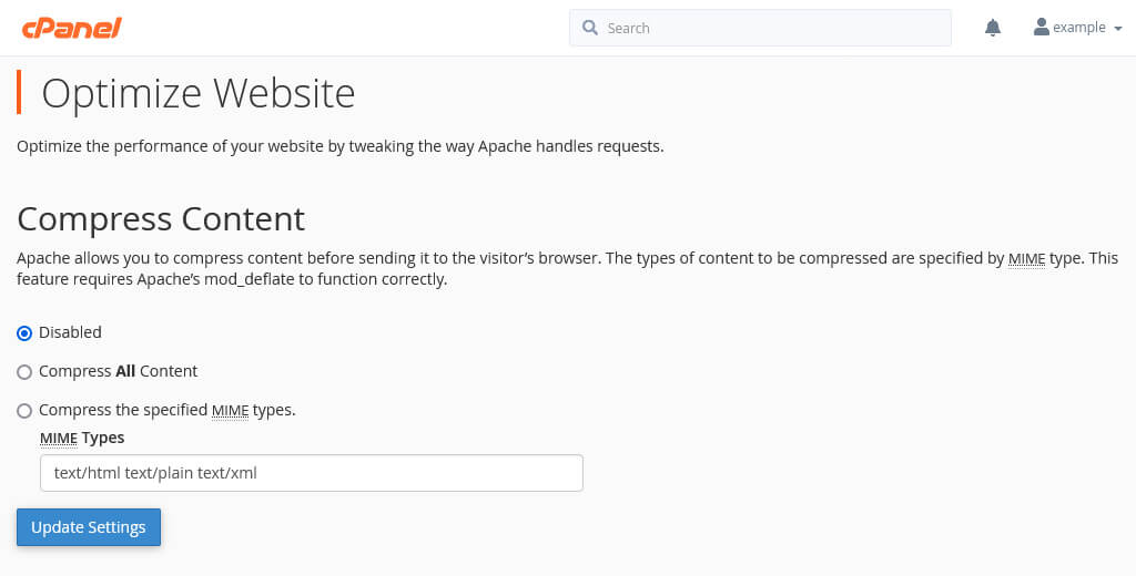 cPanel's 'Optimize Website' interface lets you enabled or disable content compression.