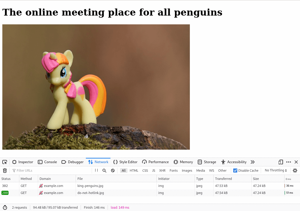 The website that is doing the hotlinking now shows the replacement image. It is a photo of a My Little Pony character.