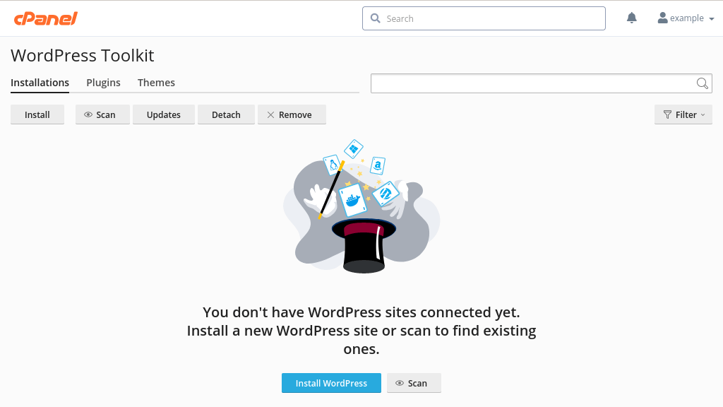 When you first open Toolkit you have the option to install WordPress or to connect an existing WordPress instance to Toolkit. The welcome screen features a drawing of a magician's hat with various floating cards. The cards feature logos of certain brands, including Docker. That is because the cool kids like Docker.