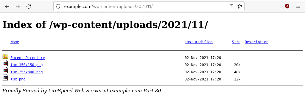 When directory browsing is enabled anyone can list the contents of the WordPress uploads directory. The screenshot shows the files I uploaded in November 2021.