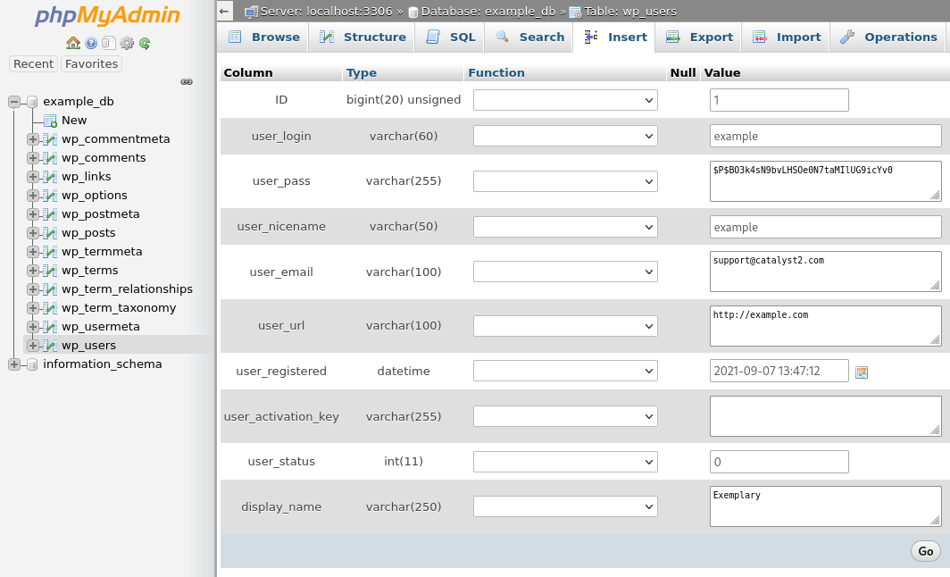 A summary of the users database table. It shows all the fields in the table, as well as their values. They include the user's ID, login name and email address.