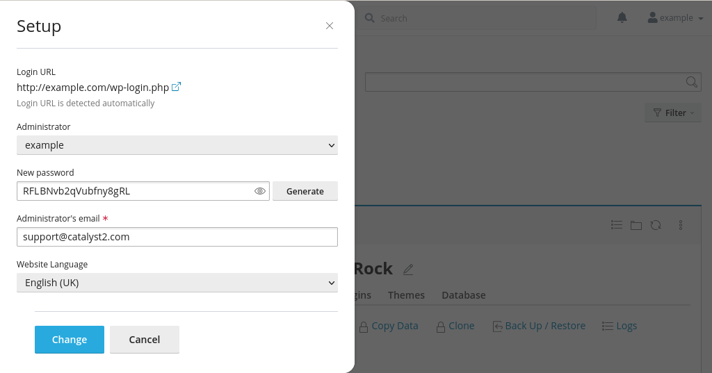 You can reset your WordPress logins via Toolkit as well. The image shows the details for the user example, including an option to set a new password.
