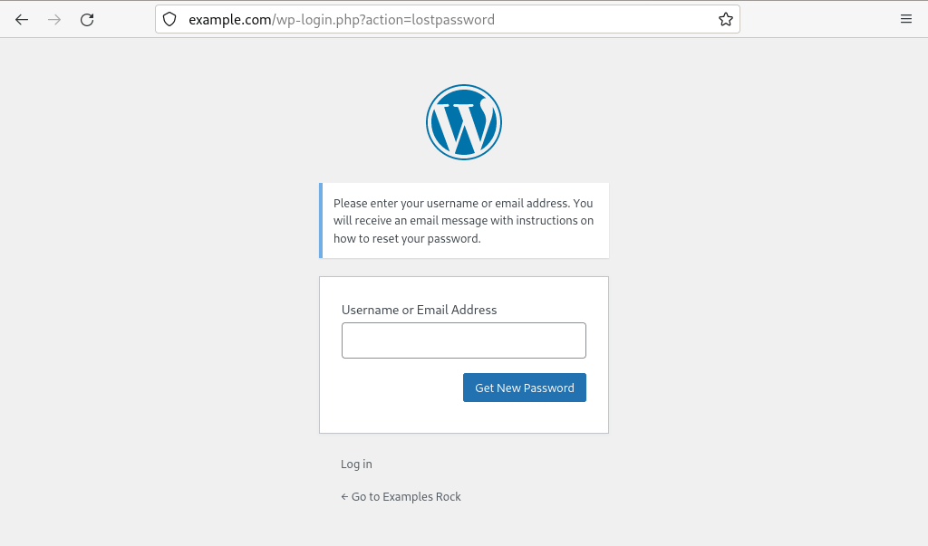 The password reset option on the WordPress login page. You can enter either your WordPress user's name or email address to get a password reset link.