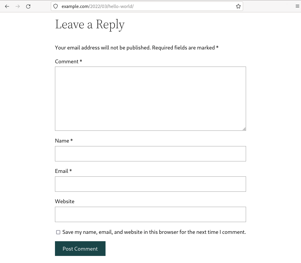 A screenshot of a standard WordPress comment form. User can enter a comment and their name, email address and website address.