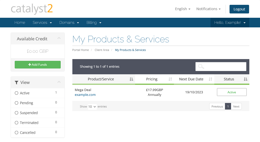 The page with services in a billing account. Among others, it lists the domain and the status of the service.