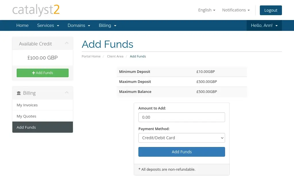 An image of the form you can use to add funds to your billing account. To do so, simply enter the amount you want to add and click the Add Funds button.