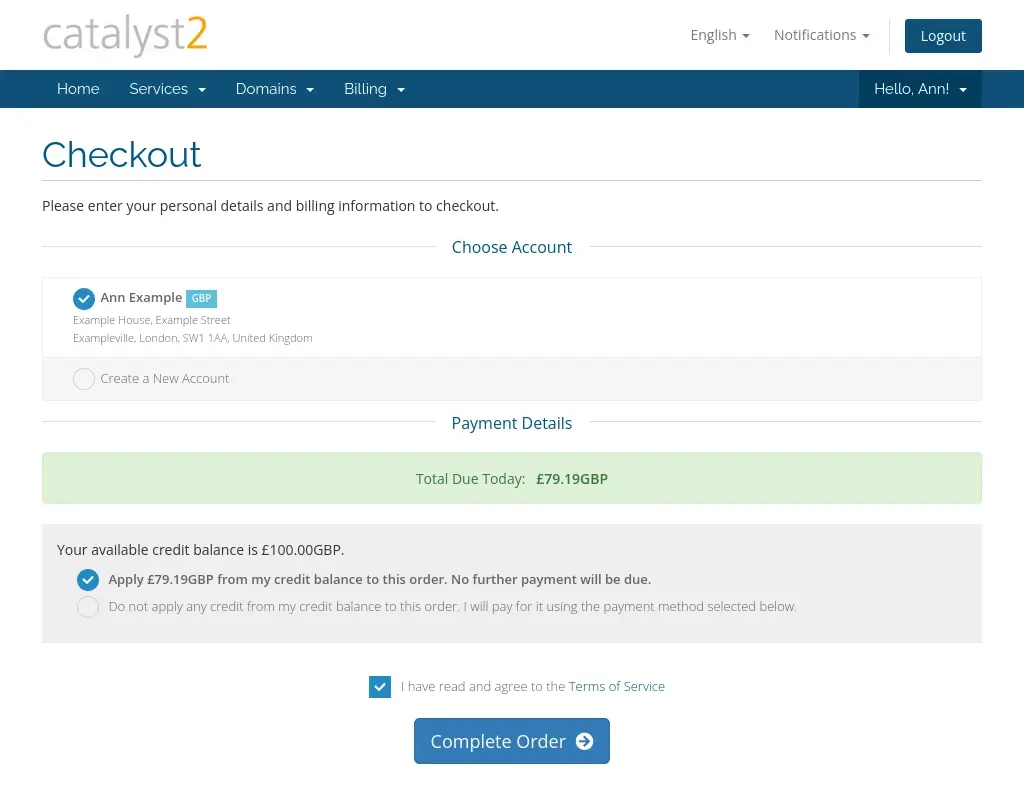 An image of the checkout. In the image, the invoice is paid using a credit balance on the account. In that case you can simply click the Complete Order button.
