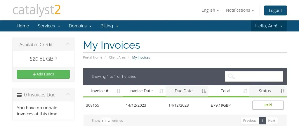 An image of the My Invoice page. This page lists all invoices raised on your account. In this example there is just one invoice in the list.