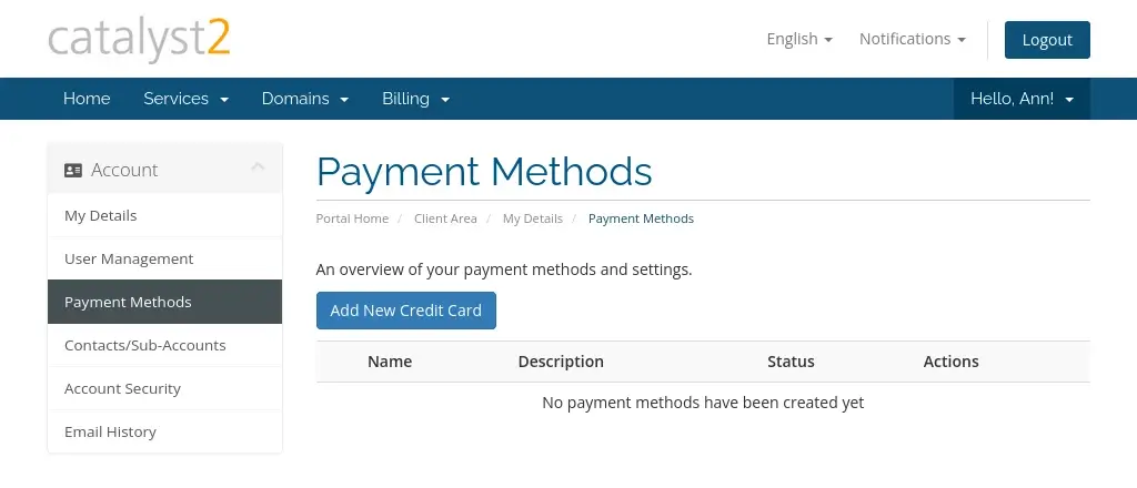 An image of the Payment Methods page. The page lists any existing debit or credit cards on your account. There is also an option to add a new card.