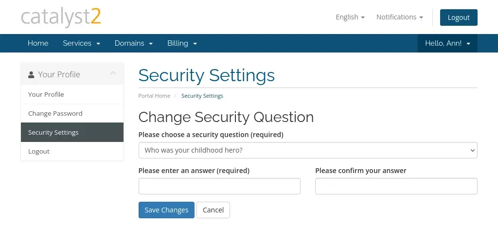 An image of the form used to set a security question. You can pick a question from a drop-down list, and you then have to enter the answer to the question twice.