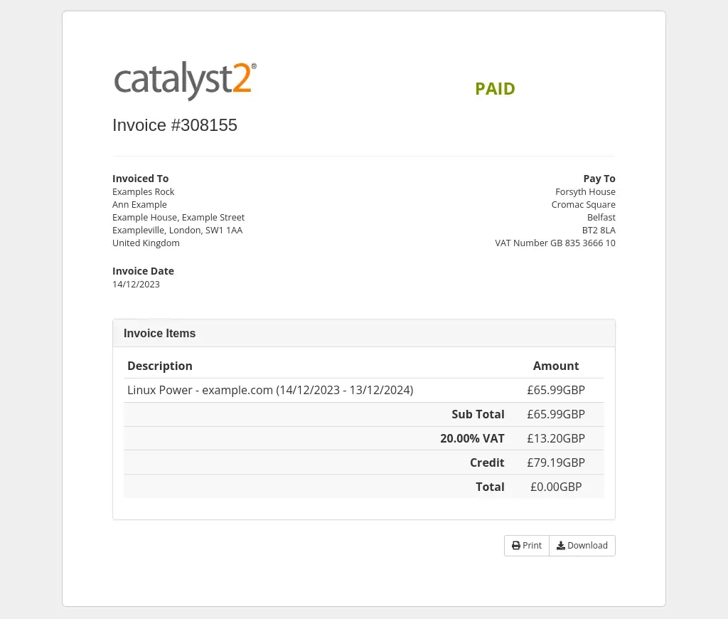 An image of the invoice on my account. It lists all the invoice details, including my address and the line items for the invoice. At the bottom of the page are buttons to print and download the invoice.