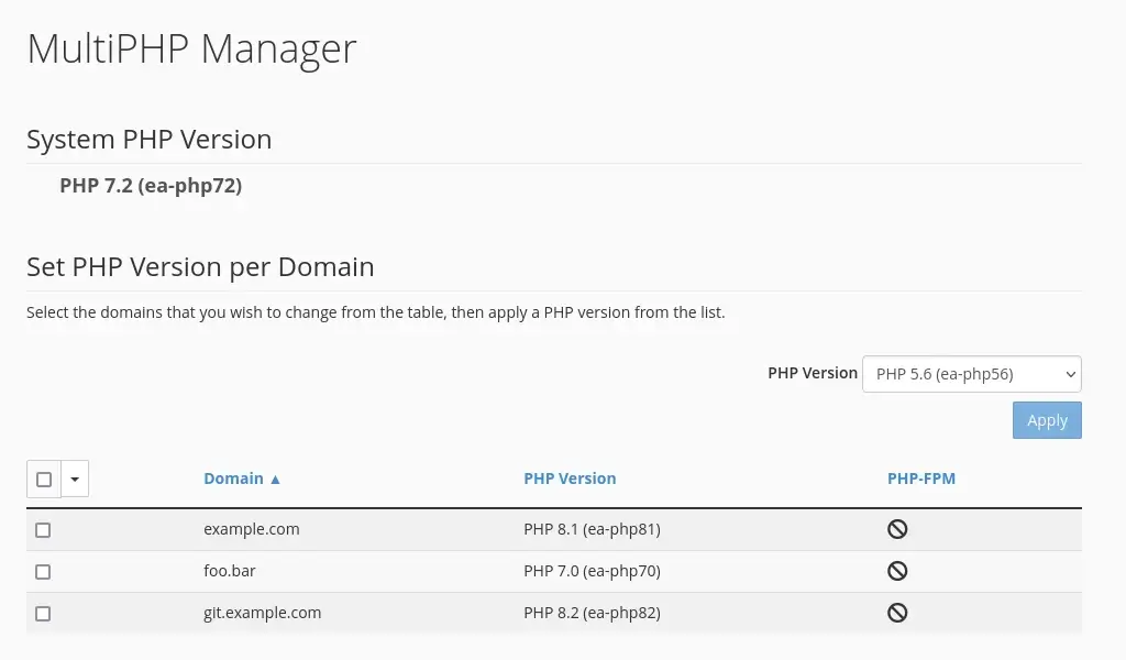 A screenshot of the MultiPHP Manager page in cPanel. It shows that the system version is PHP 7.2 and that I have three domains. Each domain uses a different PHP version.