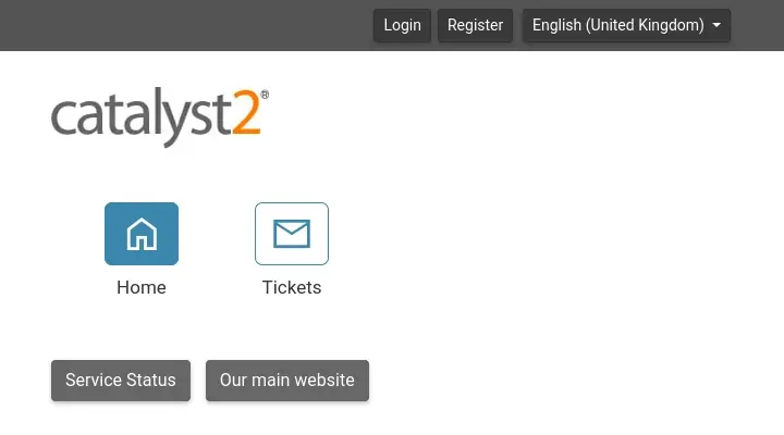A screenshot of our support portal. You can create a ticket via the Ticket button, and if you prefer you can log in (or register an account), so that you can view your tickets via the website.
