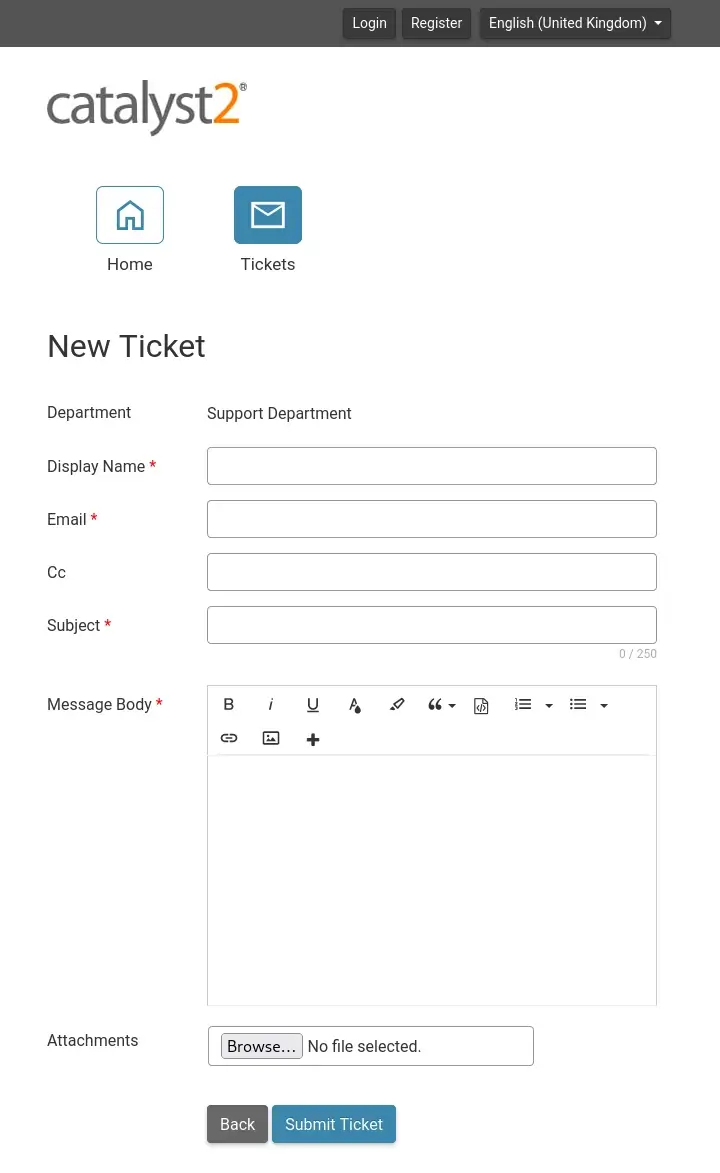 A screenshot of the form you get when you open a support ticket via our website. It features all the fields you expect (name, email address, subject etc.).